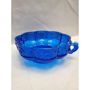 Vintage Blue Flash Jeannette Glass Aztec Rose Double Handled Candy Dish‎